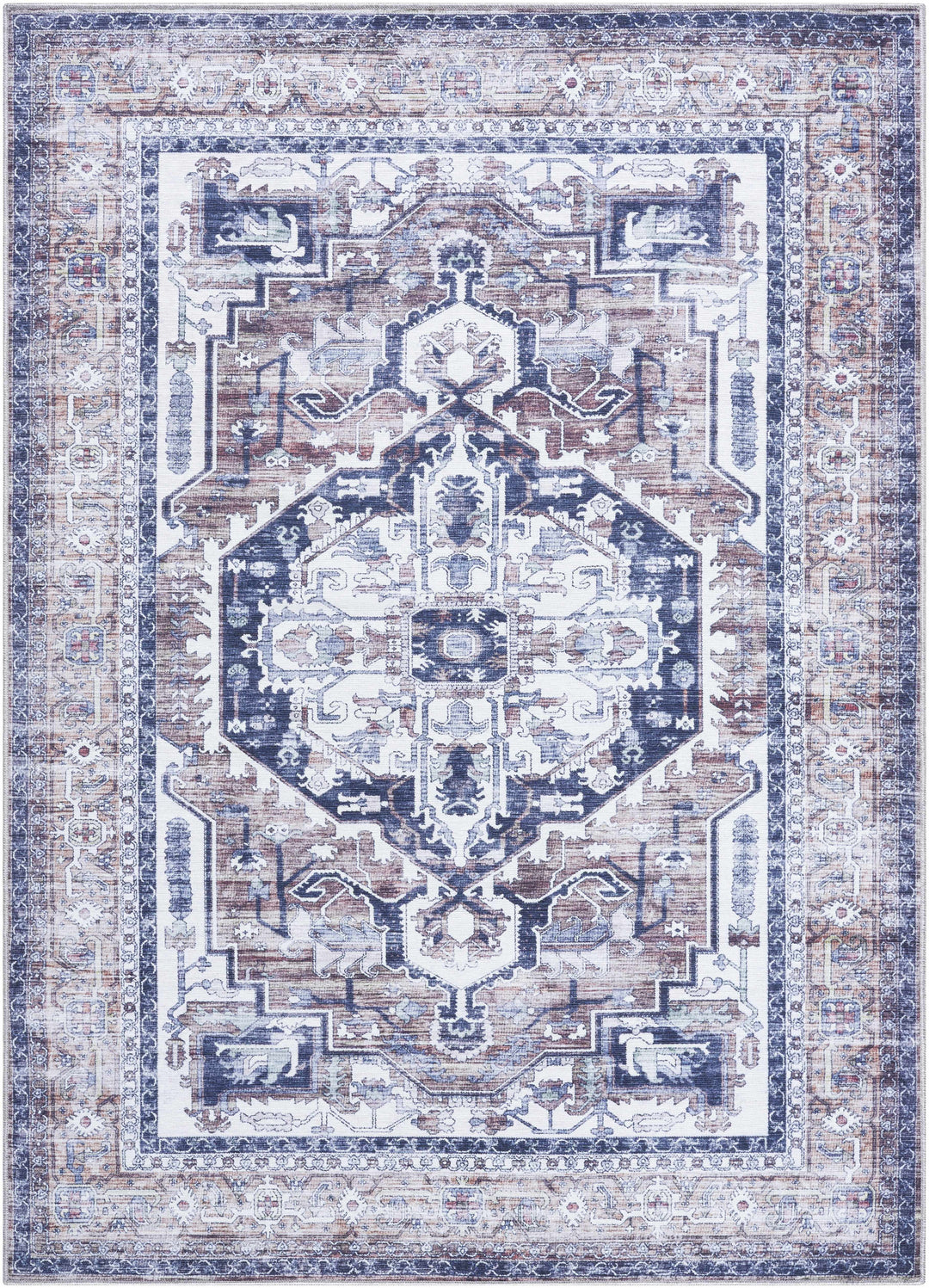 Terri Traditional Navy And Brown Washable Area Rug