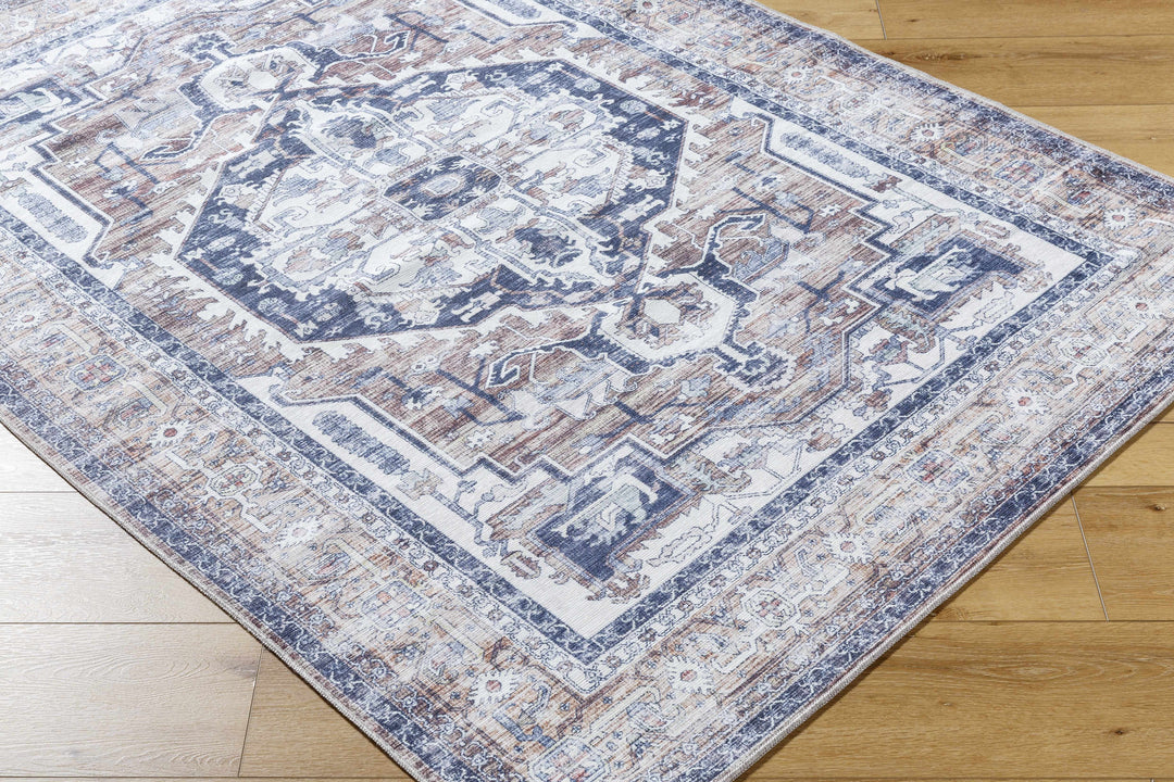 Terri Traditional Navy And Brown Washable Area Rug