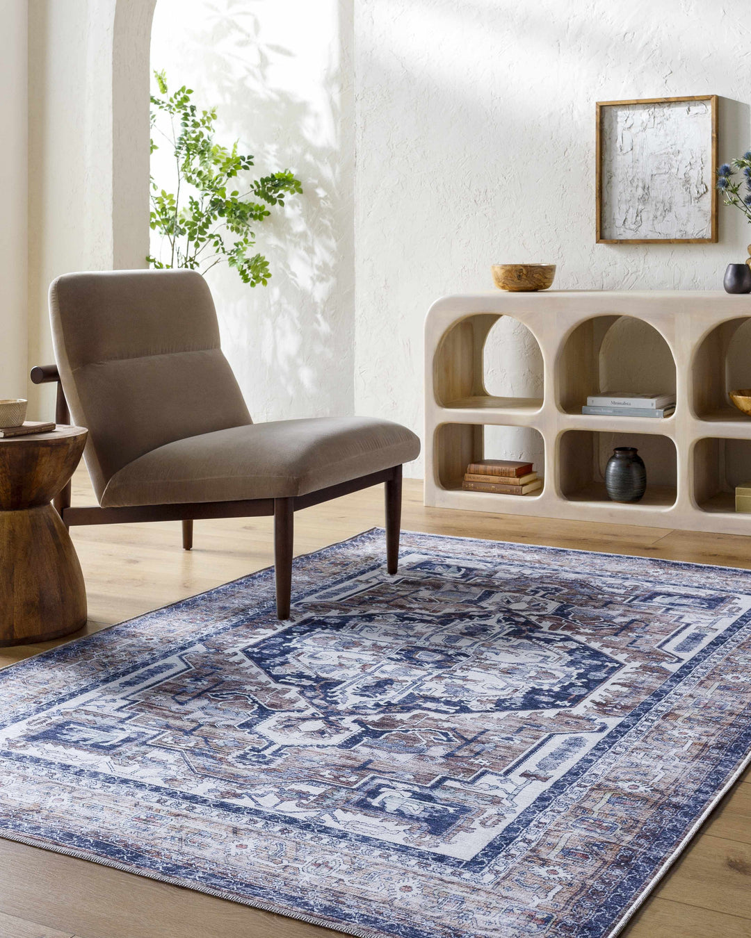 Terri Traditional Navy And Brown Washable Area Rug