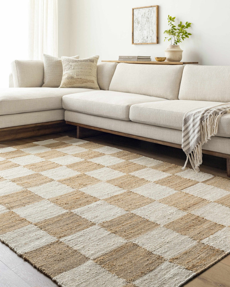 Tyhir Modern Beige And Ivory Checkered Jute Rug - The Rug Decor