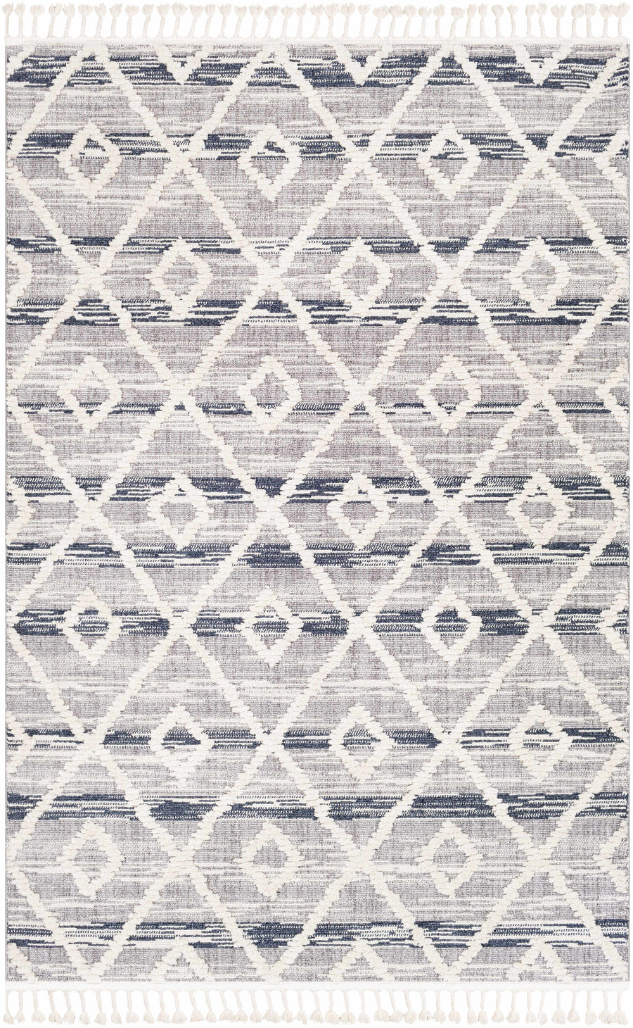 Ivory and gray modern area rug with repeating geometric pattern and navy accents.