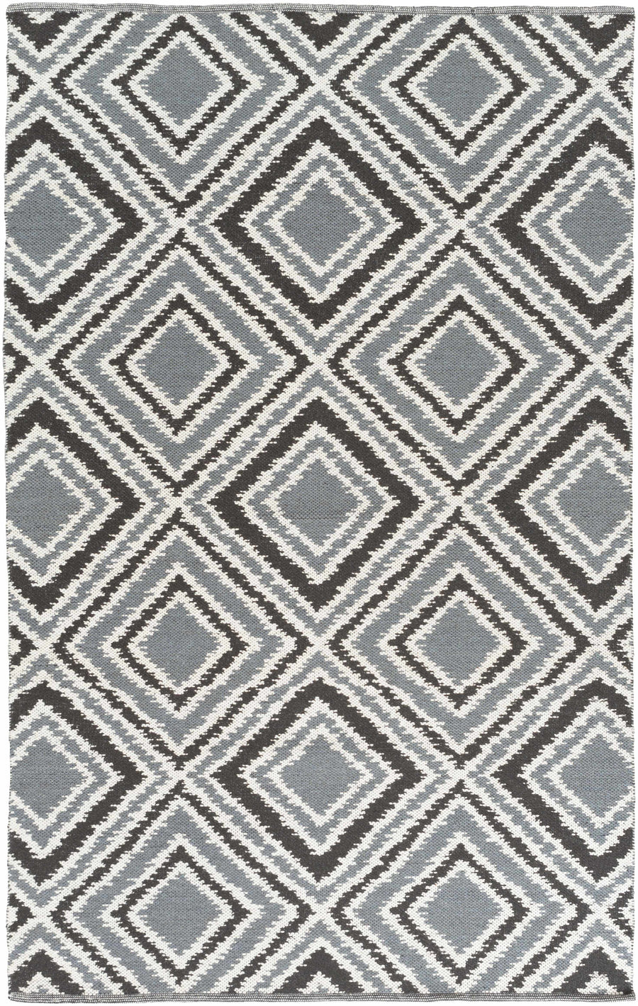 Gray hand-woven wool area rug with repeating diamond and chevron pattern
