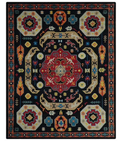 Vibrant colorful 8x10 Black, Maroon and Beige Traditional Medallion Mamluk Design wool Rug - The Rug Decor