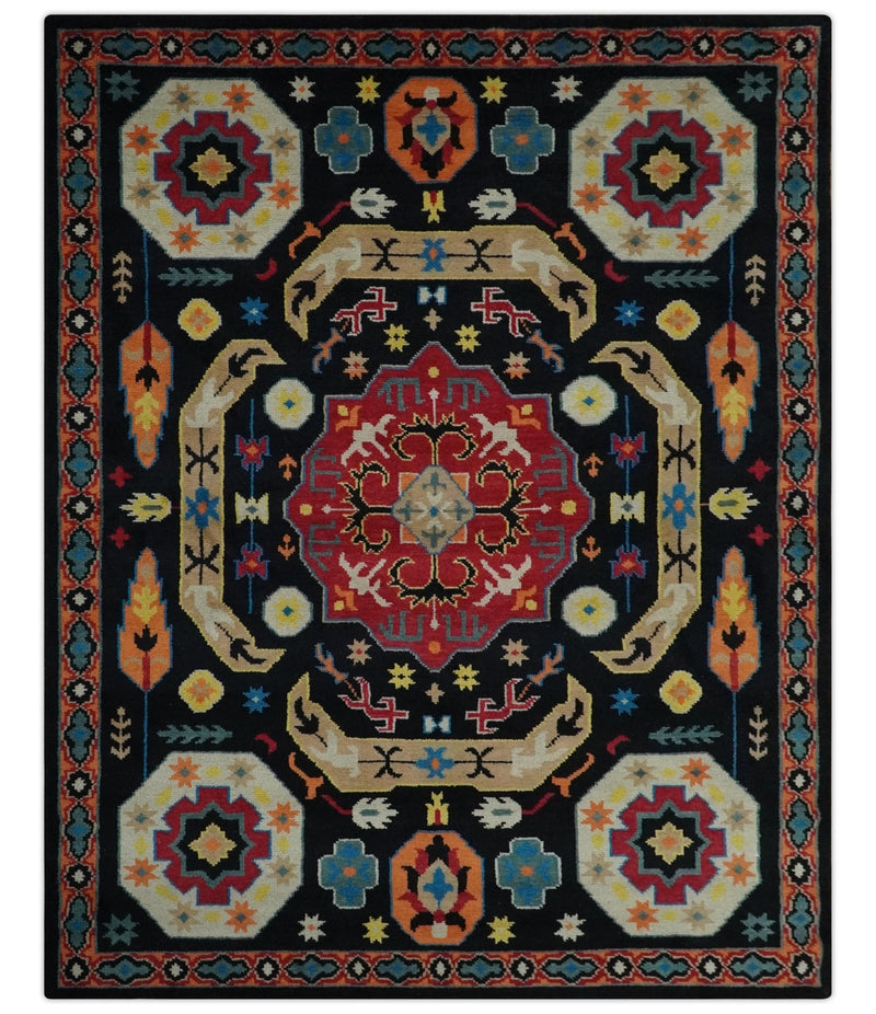 Vibrant colorful 8x10 Black, Maroon and Beige Traditional Medallion Mamluk Design wool Rug - The Rug Decor