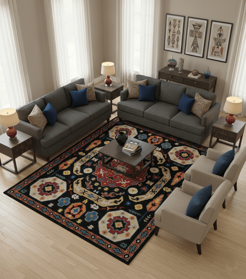 Vibrant colorful 8x10 Black, Maroon and Beige Traditional Medallion Mamluk Design wool Rug - The Rug Decor