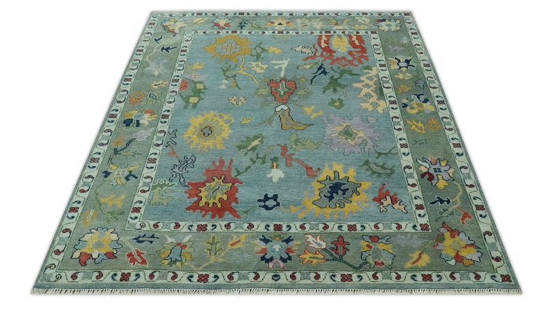 Vibrant Colorful 8x10 Gray and green Hand Knotted Traditional Oushak wool rug - The Rug Decor