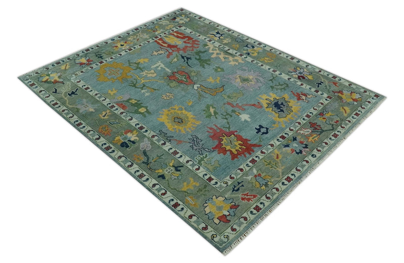 Vibrant Colorful 8x10 Gray and green Hand Knotted Traditional Oushak wool rug - The Rug Decor