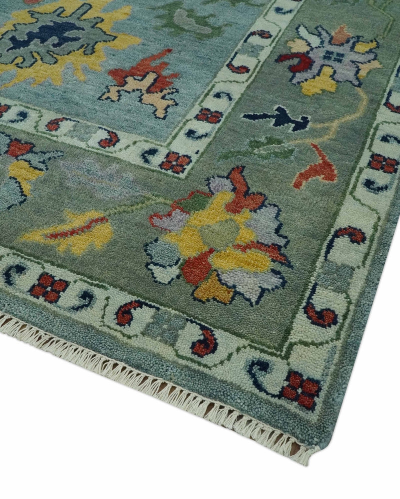 Vibrant Colorful 8x10 Gray and green Hand Knotted Traditional Oushak wool rug - The Rug Decor