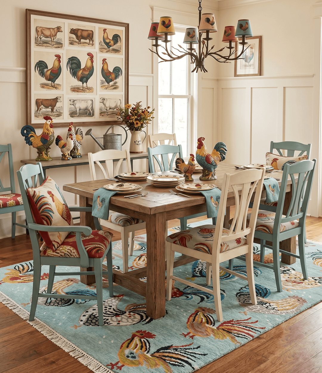 Vibrant Colorful Beautiful Chicken Bird Sage, Ivory, Gold and Brown Hand Knotted Multi Size Wool Area Rug - The Rug Decor