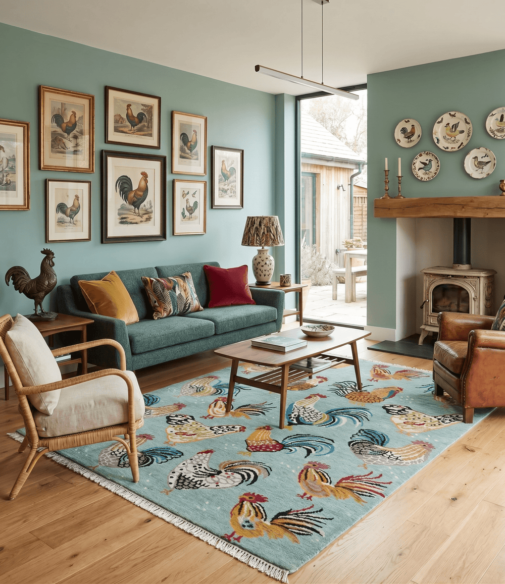 Vibrant Colorful Beautiful Chicken Bird Sage, Ivory, Gold and Brown Hand Knotted Multi Size Wool Area Rug - The Rug Decor