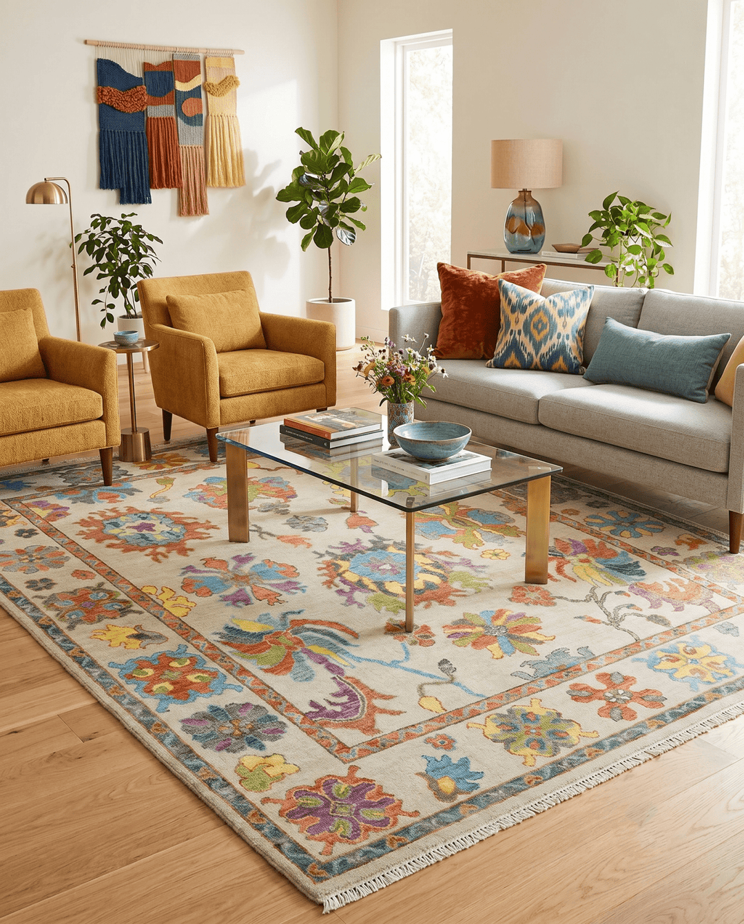 Vibrant colorful Beige And Rust Hand Knotted Traditional Oushak wool Area Rug - The Rug Decor