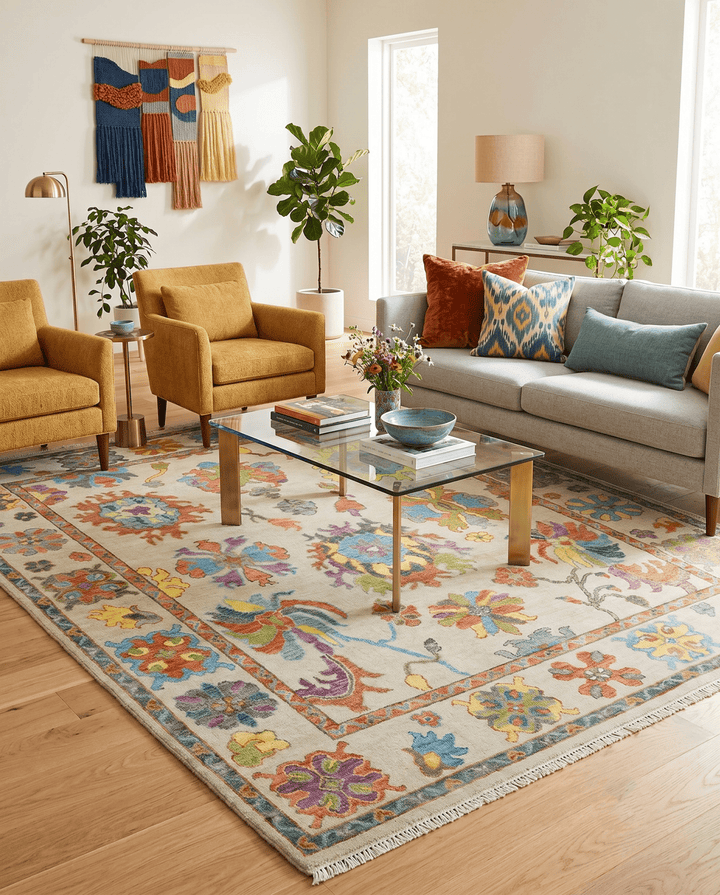 Vibrant colorful Beige And Rust Hand Knotted Traditional Oushak wool Area Rug - The Rug Decor