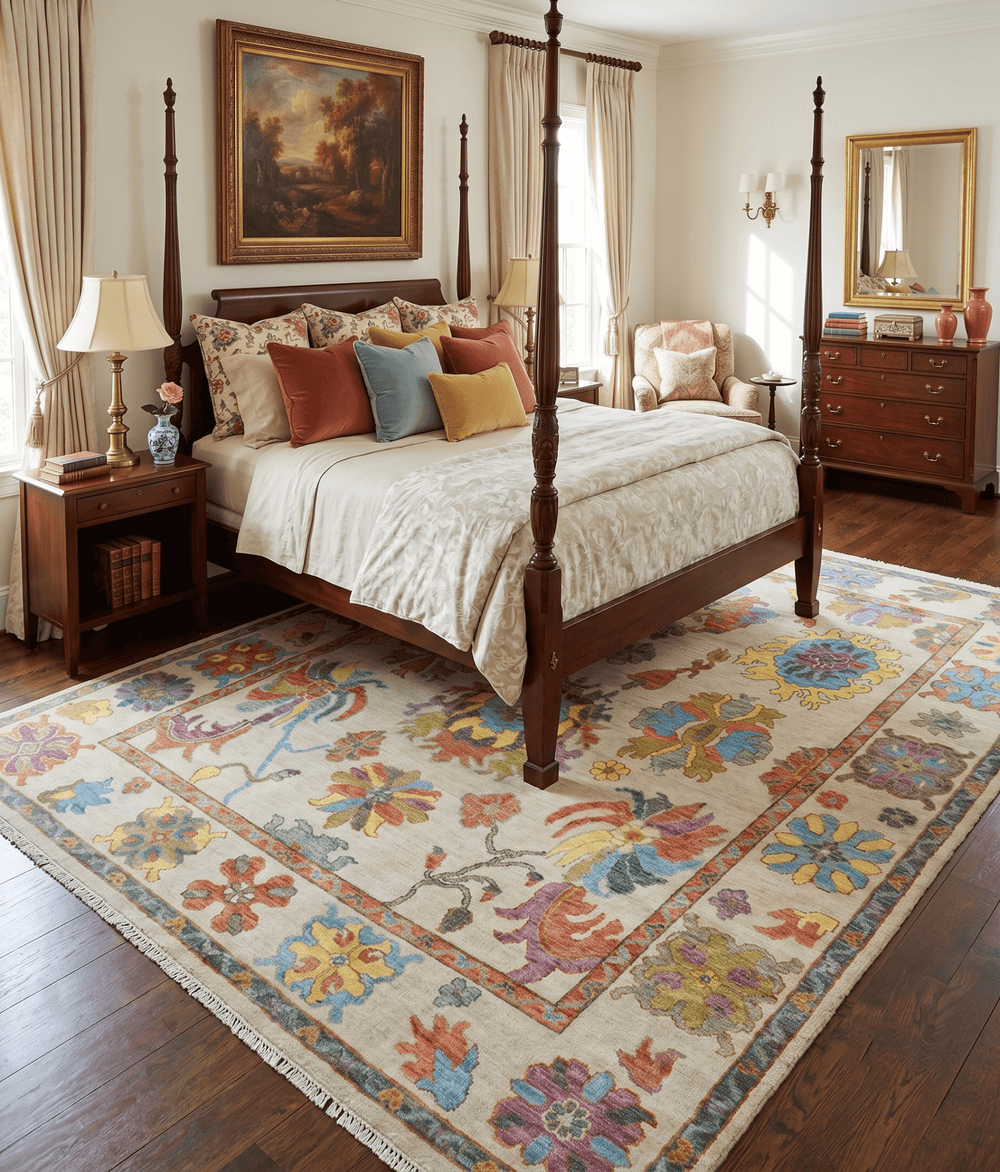 Vibrant colorful Beige And Rust Hand Knotted Traditional Oushak wool Area Rug - The Rug Decor