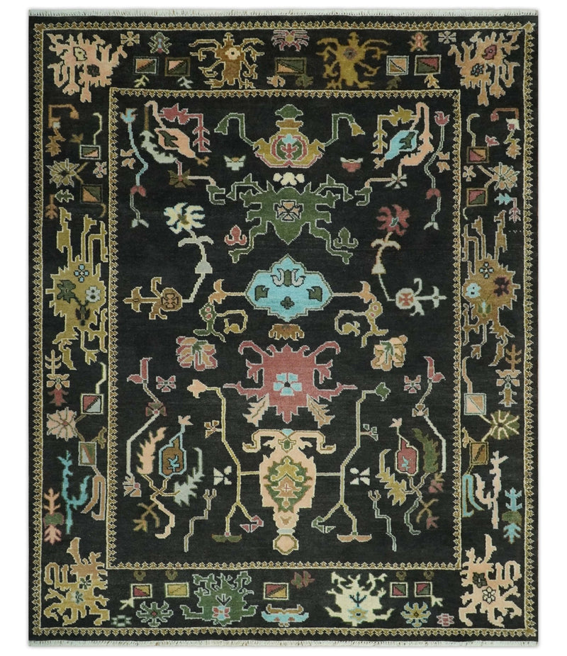 Vibrant Colorful Black 8x10 Hand Knotted Traditional Oushak wool area rug - The Rug Decor