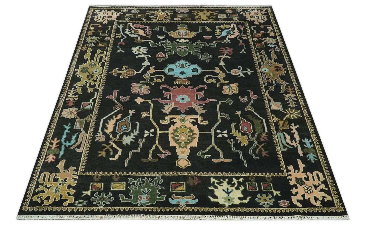 Vibrant Colorful Black 8x10 Hand Knotted Traditional Oushak wool area rug - The Rug Decor
