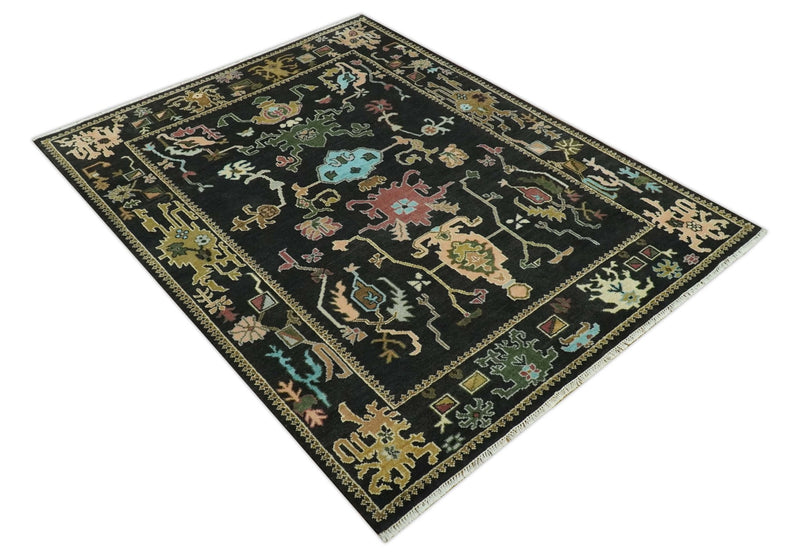 Vibrant Colorful Black 8x10 Hand Knotted Traditional Oushak wool area rug - The Rug Decor