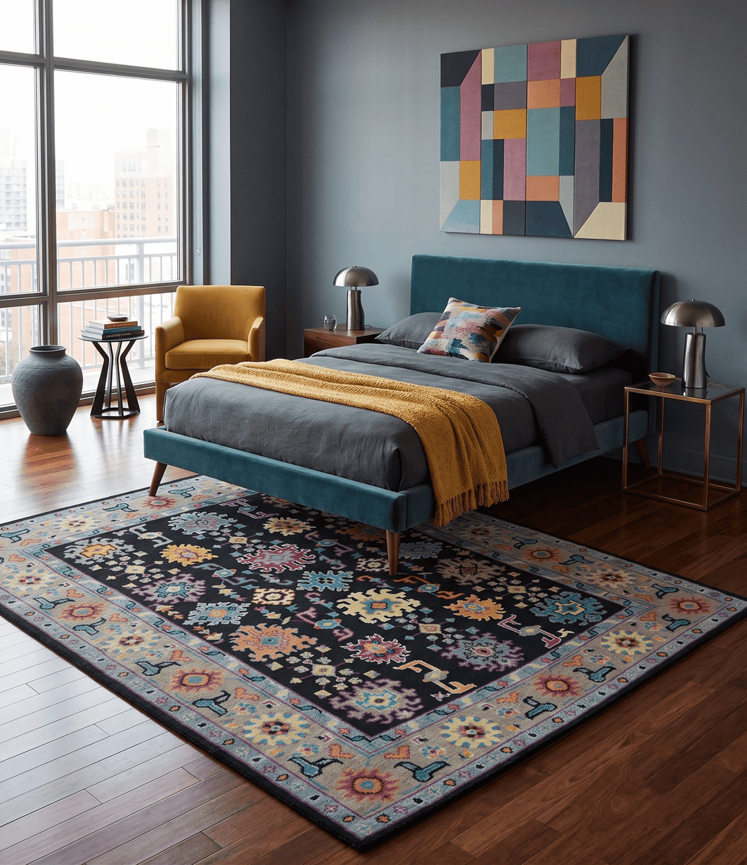 Vibrant Colorful Black, Beige, Purple and Blue Hand Knotted Traditional Oushak Custom Made wool Area Rug - The Rug Decor
