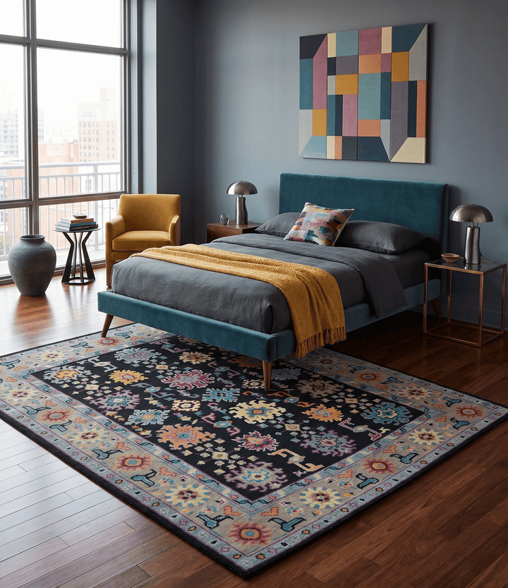Vibrant Colorful Black, Beige, Purple and Blue Hand Knotted Traditional Oushak Custom Made wool Area Rug - The Rug Decor