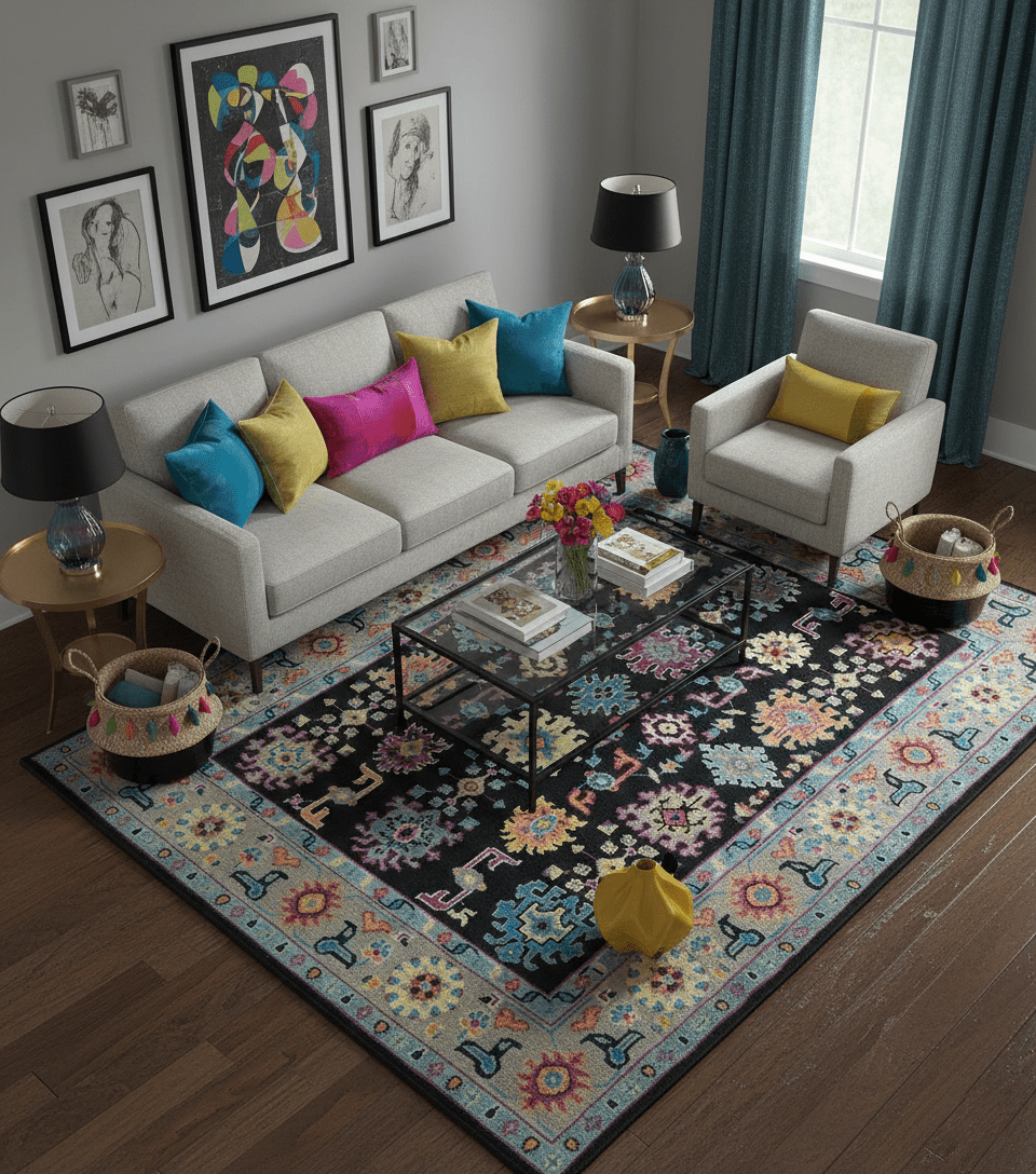 Vibrant Colorful Black, Beige, Purple and Blue Hand Knotted Traditional Oushak Custom Made wool Area Rug - The Rug Decor