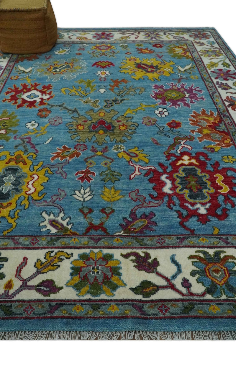 Vibrant Colorful Blue and Ivory Hand knotted 8x10 wool Area Rug - The Rug Decor