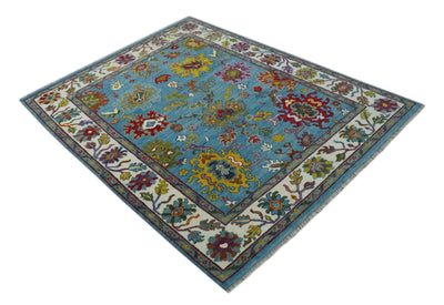 Vibrant Colorful Blue and Ivory Hand knotted 8x10 wool Area Rug - The Rug Decor