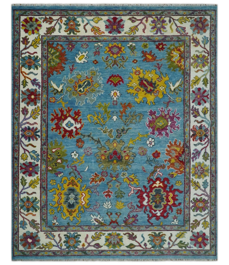 Vibrant Colorful Blue and Ivory Hand knotted 8x10 wool Area Rug - The Rug Decor