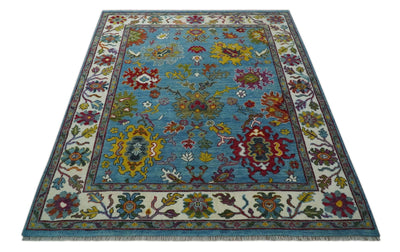 Vibrant Colorful Blue and Ivory Hand knotted 8x10 wool Area Rug - The Rug Decor