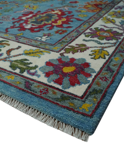 Vibrant Colorful Blue and Ivory Hand knotted 8x10 wool Area Rug - The Rug Decor