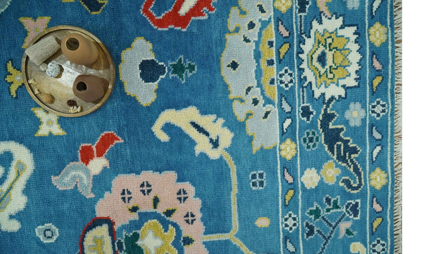 Vibrant colorful Blue Hand Knotted 8x10 Traditional Oushak Wool area Rug - The Rug Decor