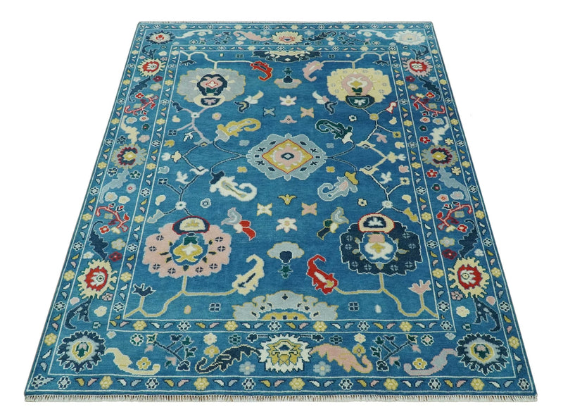 Vibrant colorful Blue Hand Knotted 8x10 Traditional Oushak Wool area Rug - The Rug Decor