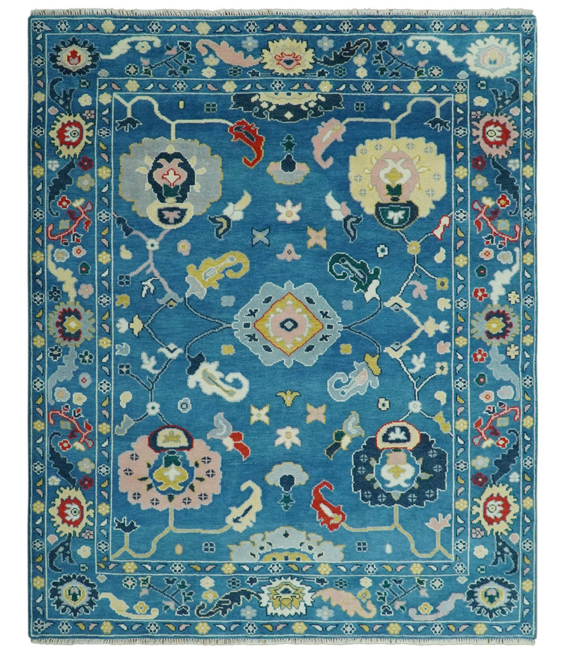 Vibrant colorful Blue Hand Knotted 8x10 Traditional Oushak Wool area Rug - The Rug Decor