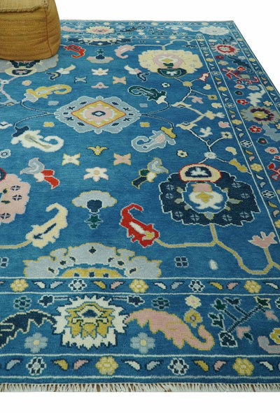 Vibrant colorful Blue Hand Knotted 8x10 Traditional Oushak Wool area Rug - The Rug Decor