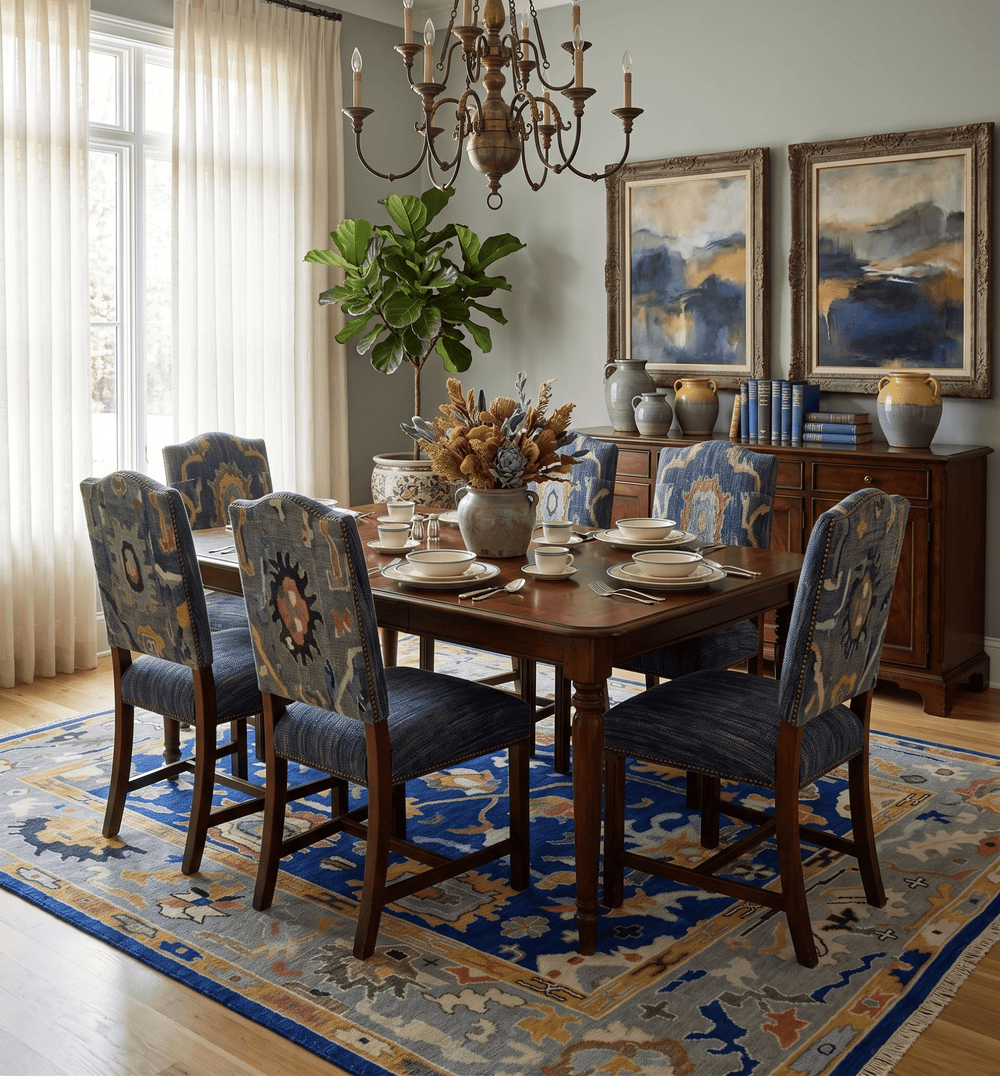 Vibrant Colorful Blue, Silver and Mustard Hand knotted Traditional Oushak Multi Size wool Area Rug - The Rug Decor