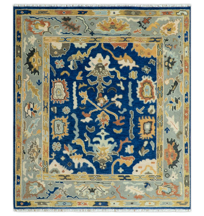 Vibrant Colorful Blue, Silver and Mustard Hand knotted Traditional Oushak Multi Size wool Area Rug - The Rug Decor