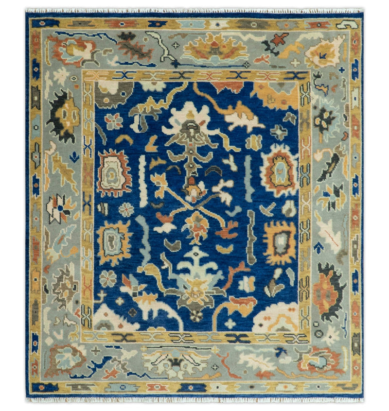 Vibrant Colorful Blue, Silver and Mustard Hand knotted Traditional Oushak Multi Size wool Area Rug - The Rug Decor