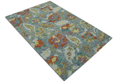 Vibrant Colorful Gray, Green and Rust Traditional Floral 5x7.6 Hand Tufted wool area rug - The Rug Decor