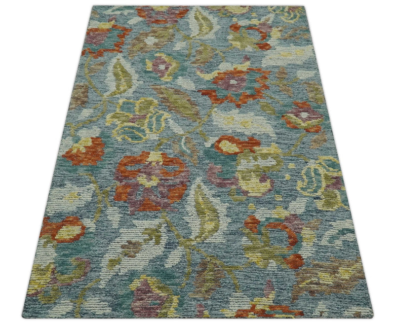 Vibrant Colorful Gray, Green and Rust Traditional Floral 5x7.6 Hand Tufted wool area rug - The Rug Decor