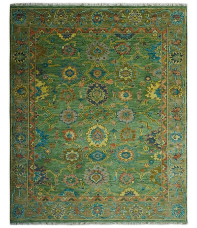 Vibrant colorful Green 8x10 Hand Knotted Traditional Oriental Oushak wool Area Rug - The Rug Decor