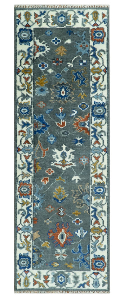 Vibrant Colorful Hand Knotted Charcoal, Ivory, Blue and Rust Traditional Oushak Multi Size wool Area Rug - The Rug Decor