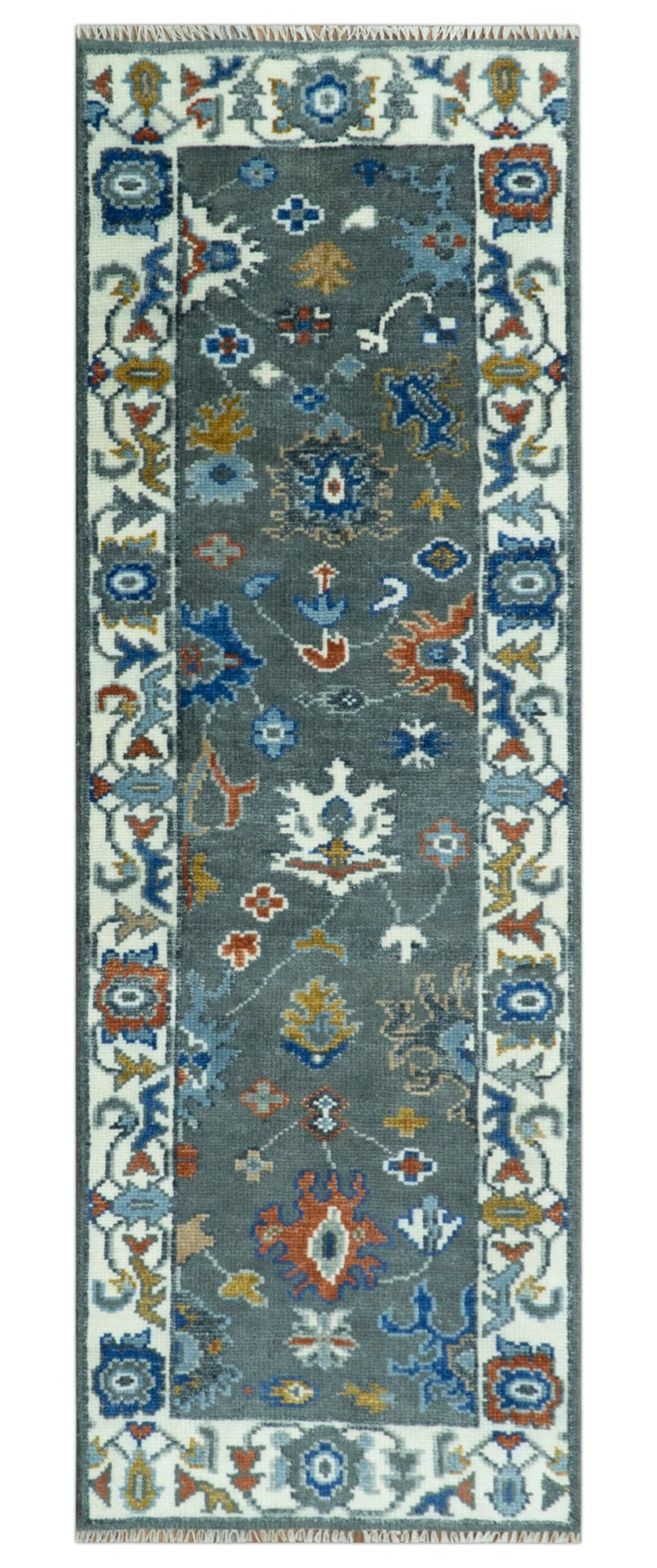 Vibrant Colorful Hand Knotted Charcoal, Ivory, Blue and Rust Traditional Oushak Multi Size wool Area Rug - The Rug Decor