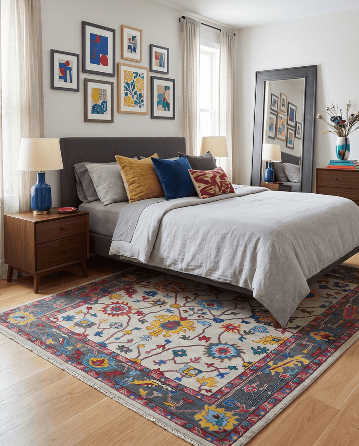 Vibrant colorful Ivory and Charcoal Hand Knotted Traditional Oushak Multi size Wool area Rug - The Rug Decor