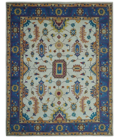 Vibrant colorful Ivory, Blue, Beige and Peach Hand Knotted Traditional Floral oriental Oushak Multi Size wool Area Rug - The Rug Decor