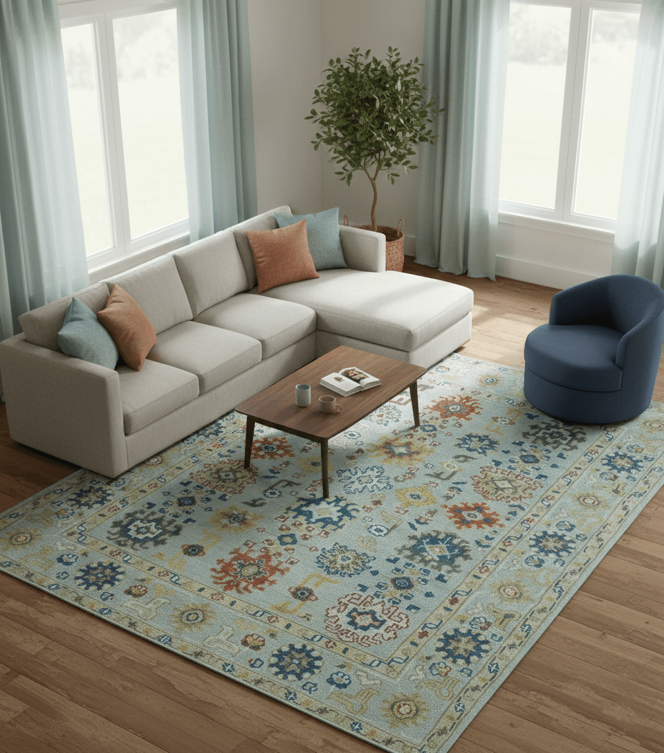 Vibrant Colorful Light Blue, Mustard, Brown and Blue Hand Knotted Traditional Oushak Multi Size wool Area Rug - The Rug Decor