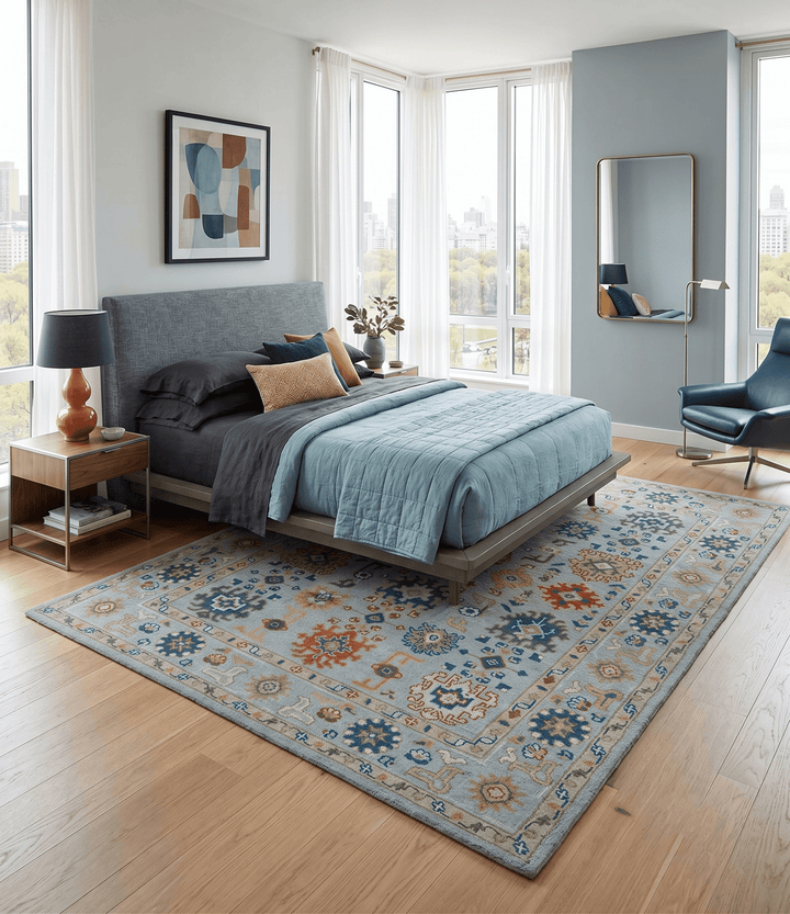 Vibrant Colorful Light Blue, Mustard, Brown and Blue Hand Knotted Traditional Oushak Multi Size wool Area Rug - The Rug Decor