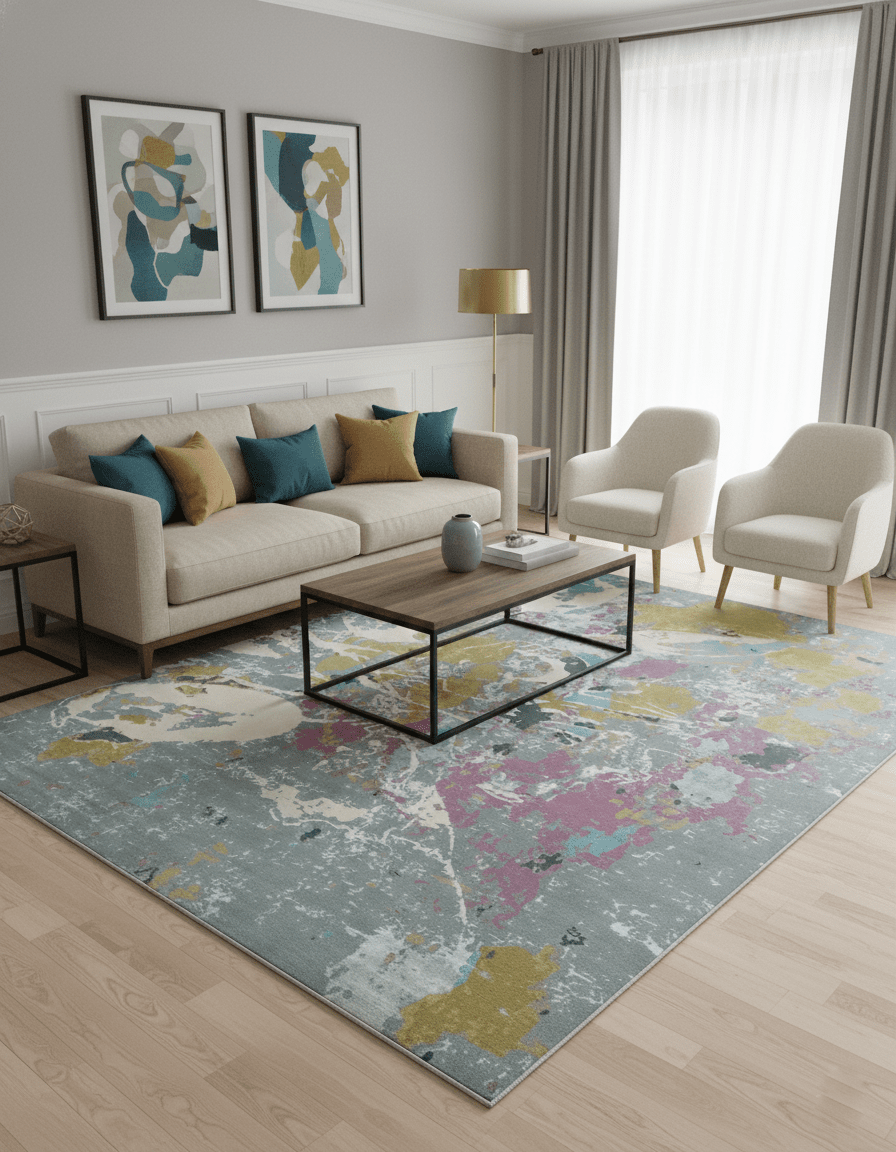 Vibrant Colorful Modern Abstract Gray, Olive, Purple and Ivory Hand knotted 10x14 and 12x15 wool Area Rug - The Rug Decor