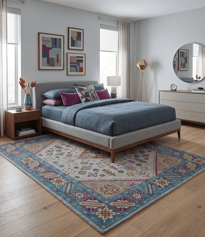 Vibrant Colorful Silver, Beige, Blue and Brown Traditional Heriz Multi Size wool Area Rug - The Rug Decor