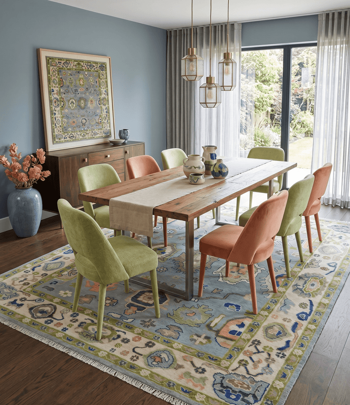 Vibrant Colorful Silver, Green and Light Peach Hand knotted Oushak wool Area Rug - The Rug Decor