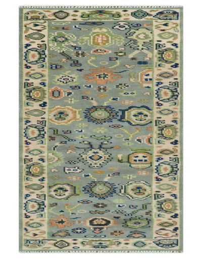 Vibrant Colorful Silver, Green and Light Peach Hand knotted Oushak wool Area Rug - The Rug Decor