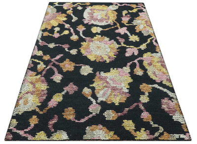 Vibrant Colorful Traditional Floral Black, Purple and Mustard 5x7.6 Hand Tufted wool rug - The Rug Decor