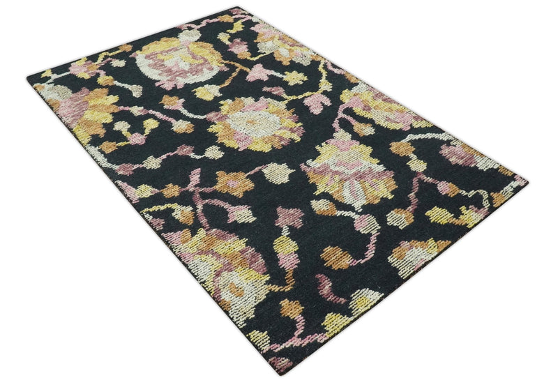 Vibrant Colorful Traditional Floral Black, Purple and Mustard 5x7.6 Hand Tufted wool rug - The Rug Decor